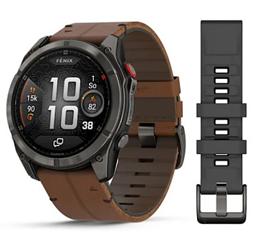 Fenix 8 Pro – 51 мм AMOLED Sapphire титан с DLC-покрытием Carbon Gray и кожаным ремешком каштанового цвета