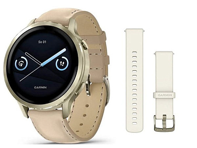 Venu 4 41 мм лунное золото с ремешком из силикона цвета кости и кожаным ремешком цвета светло-песочного цвета