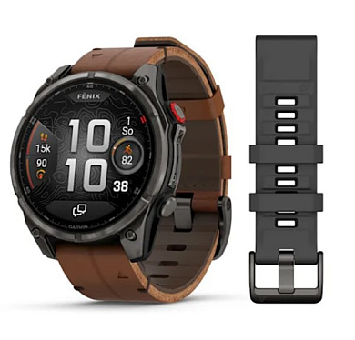 Fenix 8 Pro - 47 мм AMOLED Sapphire титан с DLC-покрытием цвета Carbon grey и кожаным ремешок каштанового цвета