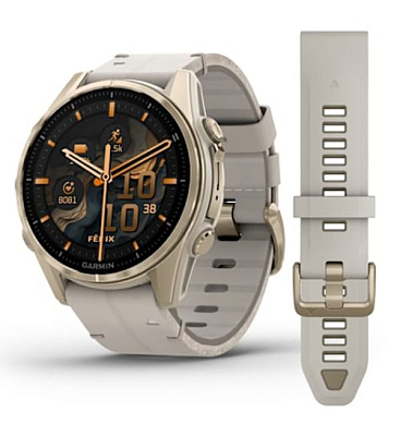Fenix 8 - 43 мм AMOLED Sapphire мягкое золото, кожаный ремешок цвета известняка + силиконовый ремешок