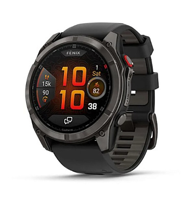 Fenix 8 Pro – 51 мм AMOLED Sapphire титан с DLC-покрытием серого цвета с черным/серым силиконовым ремешком